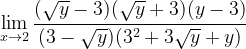 \dpi{120} \lim_{x\rightarrow 2}\frac{(\sqrt{y}-3)(\sqrt{y}+3)(y-3)}{(3-\sqrt{y})(3^{2}+3\sqrt{y}+y)}